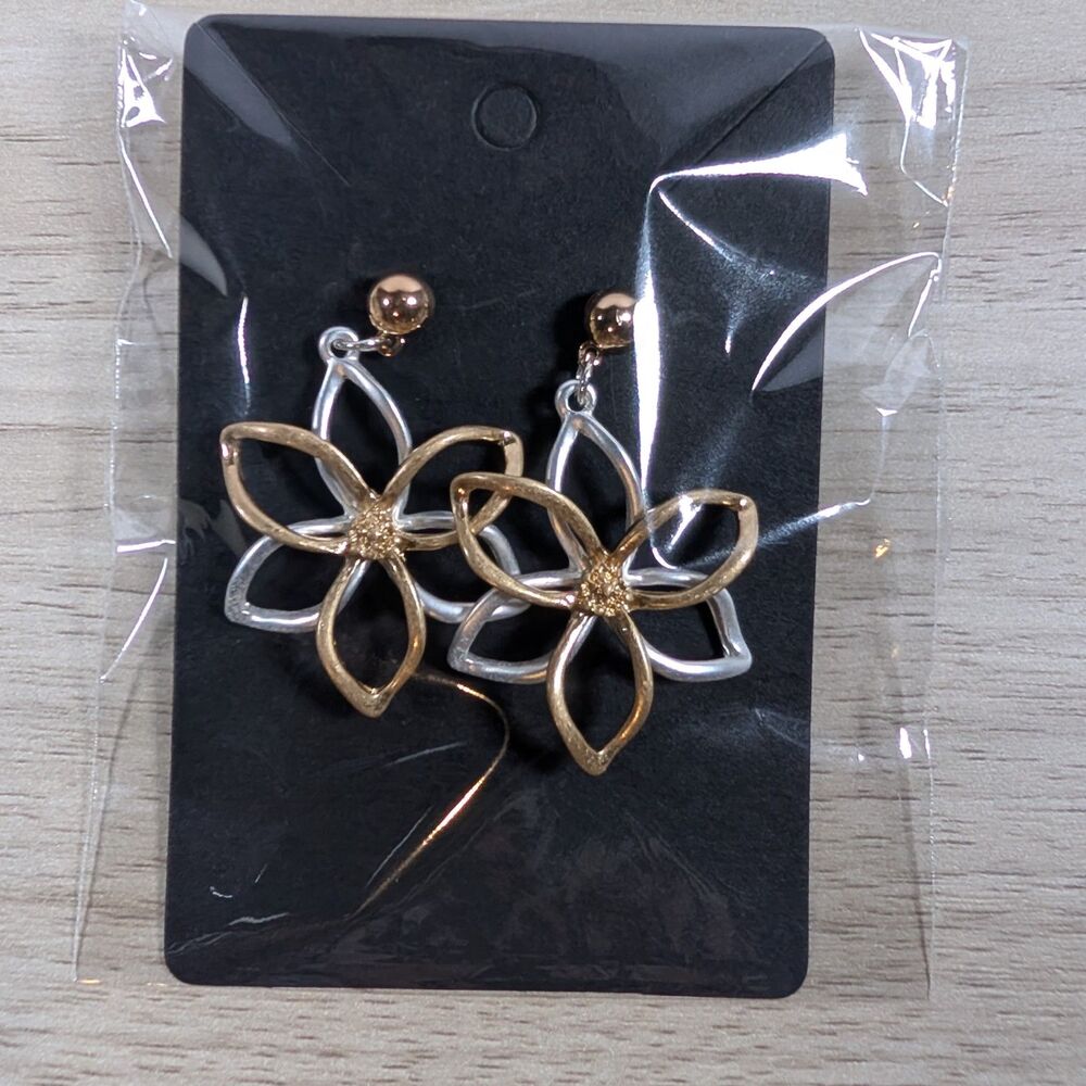 Two Tone Flower Dangle Earrings Gold Silver Tone Floral Drop Earrings